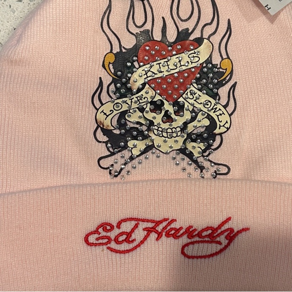 Ed Hardy Light Pink Kids Beanie with Tan Pom